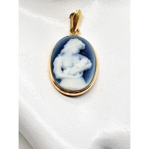 14K Italy Yellow Gold Carved Blue Agate Mother And Child Cameo Pendant 3.47 gram